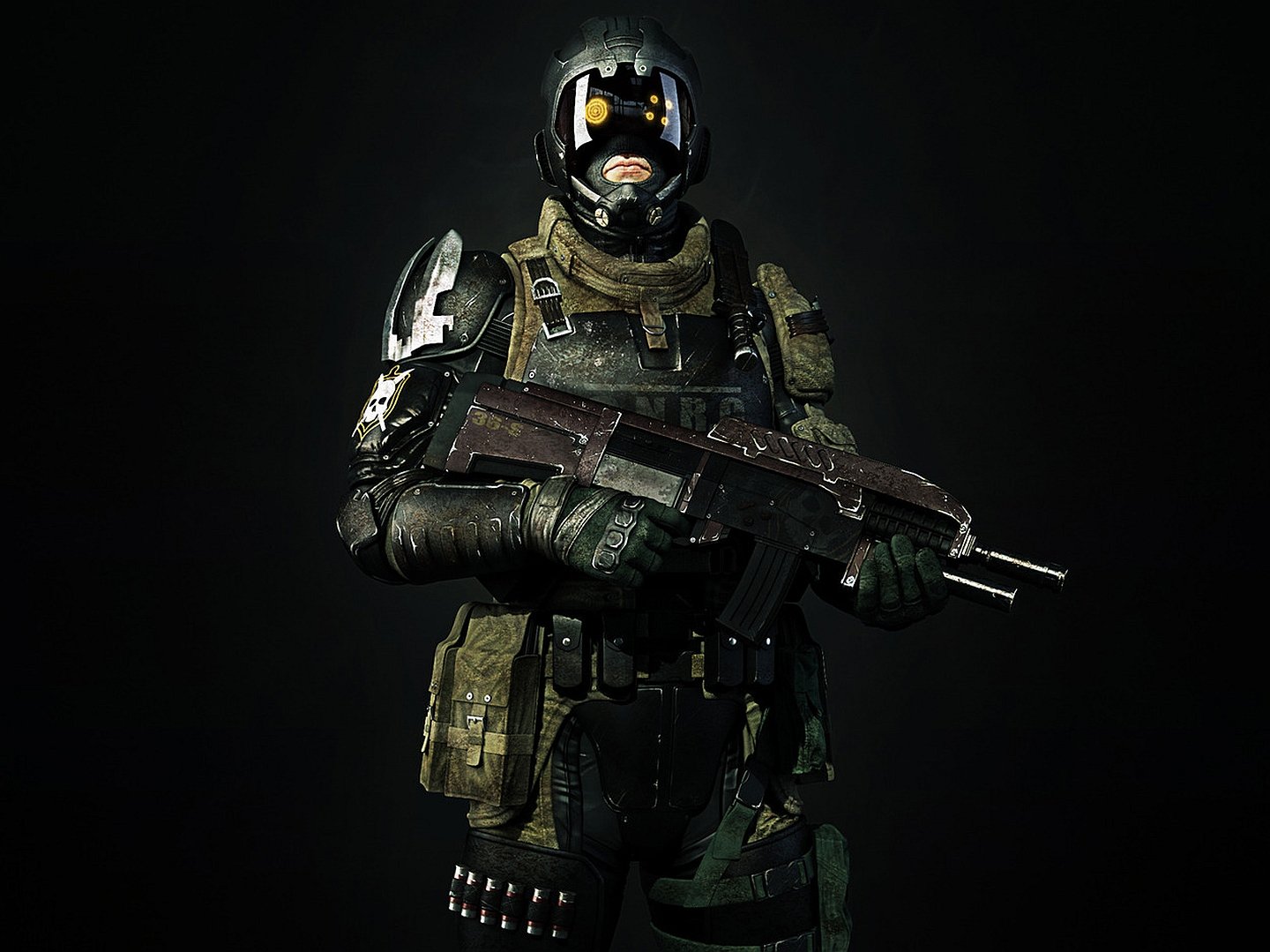 HD PC desktop wallpaper featuring a sci-fi warrior in futuristic armor holding a large weapon against a dark background.