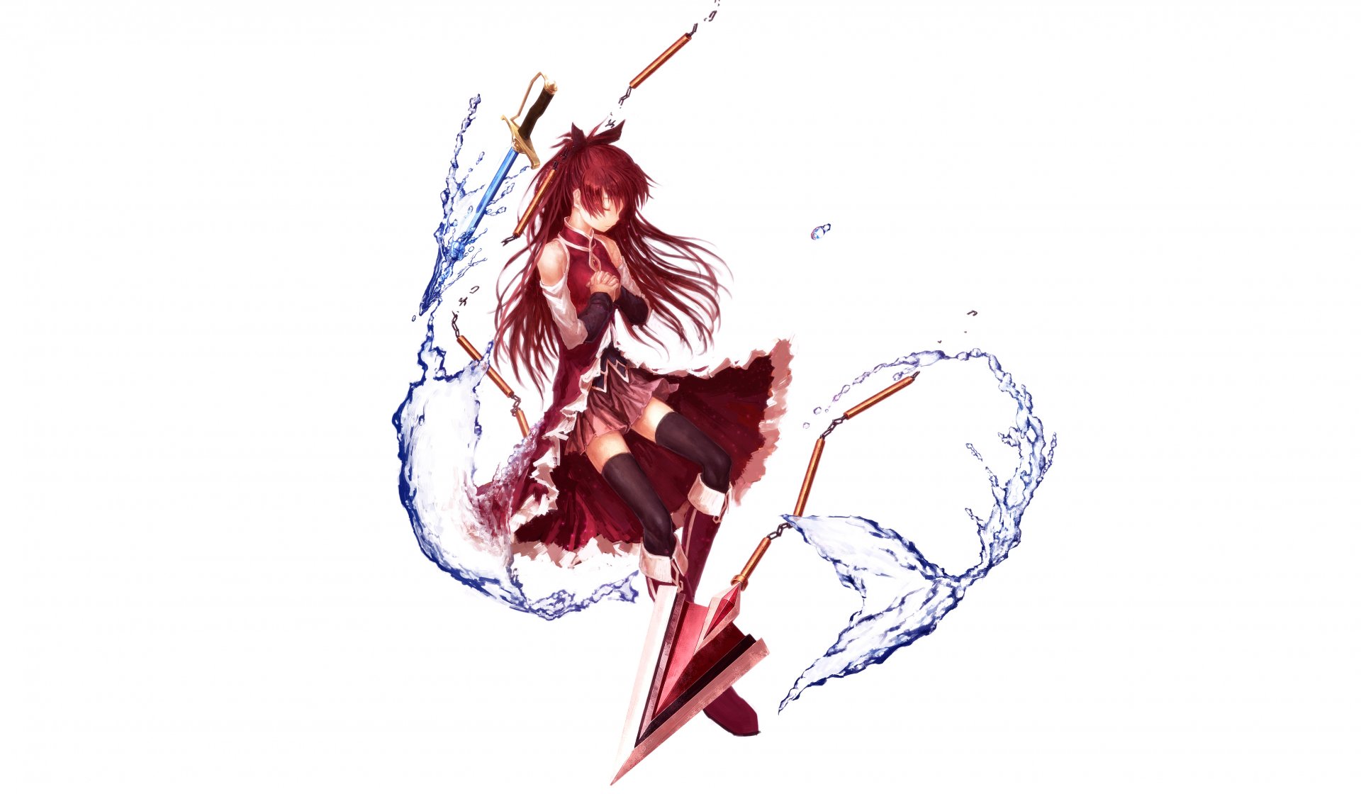 HD PC desktop wallpaper featuring Kyōko Sakura from the anime Puella Magi Madoka Magica, depicted with dynamic water-like energy swirling around her.