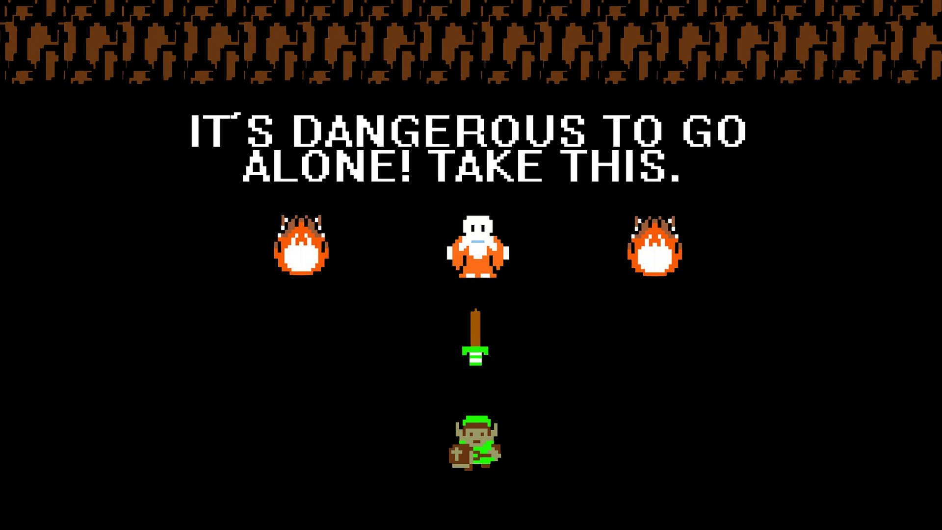 HD PC desktop wallpaper featuring Link from The Legend of Zelda with the iconic phrase, It's dangerous to go alone! Take this, in classic 8-bit style.