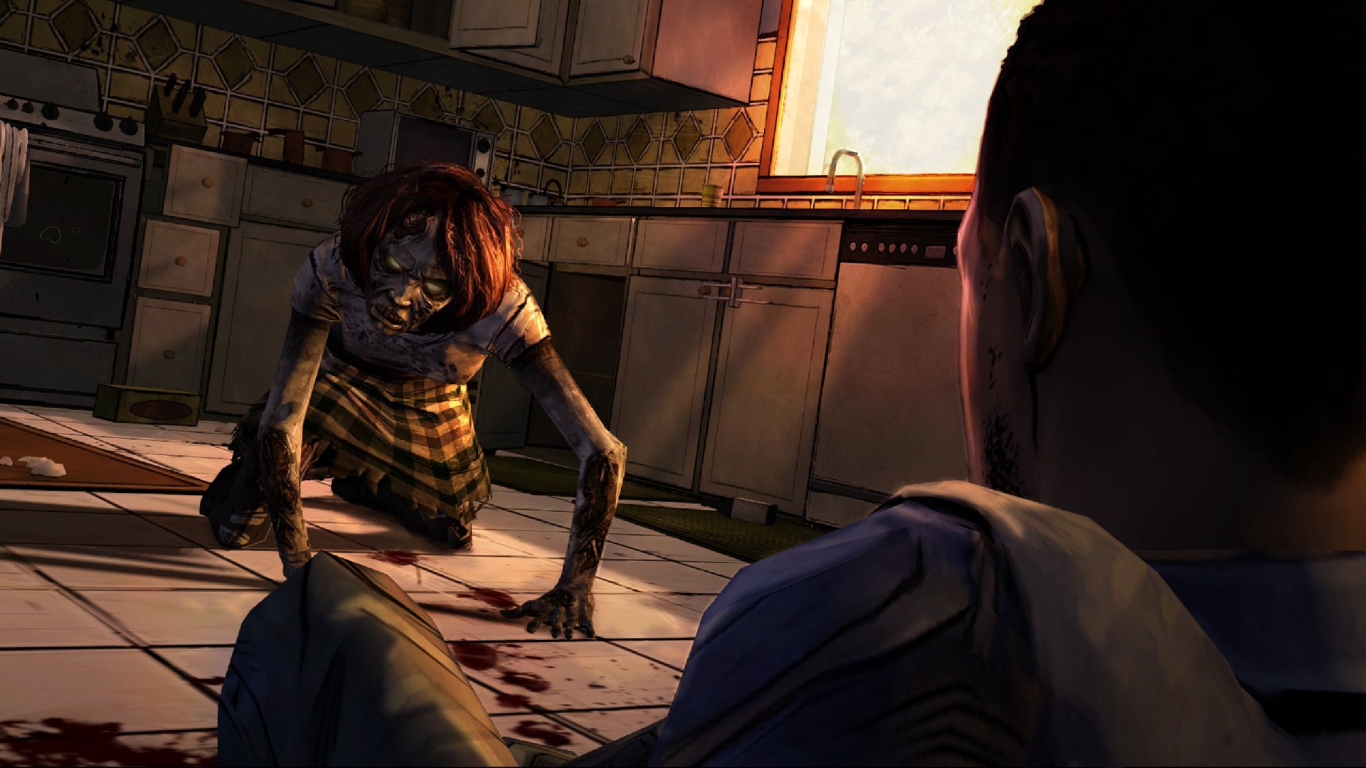 A tense scene from The Walking Dead: Season 1 depicts a zombie crawling towards a character in a blood-stained kitchen, set against an ominous backdrop of sunlight.