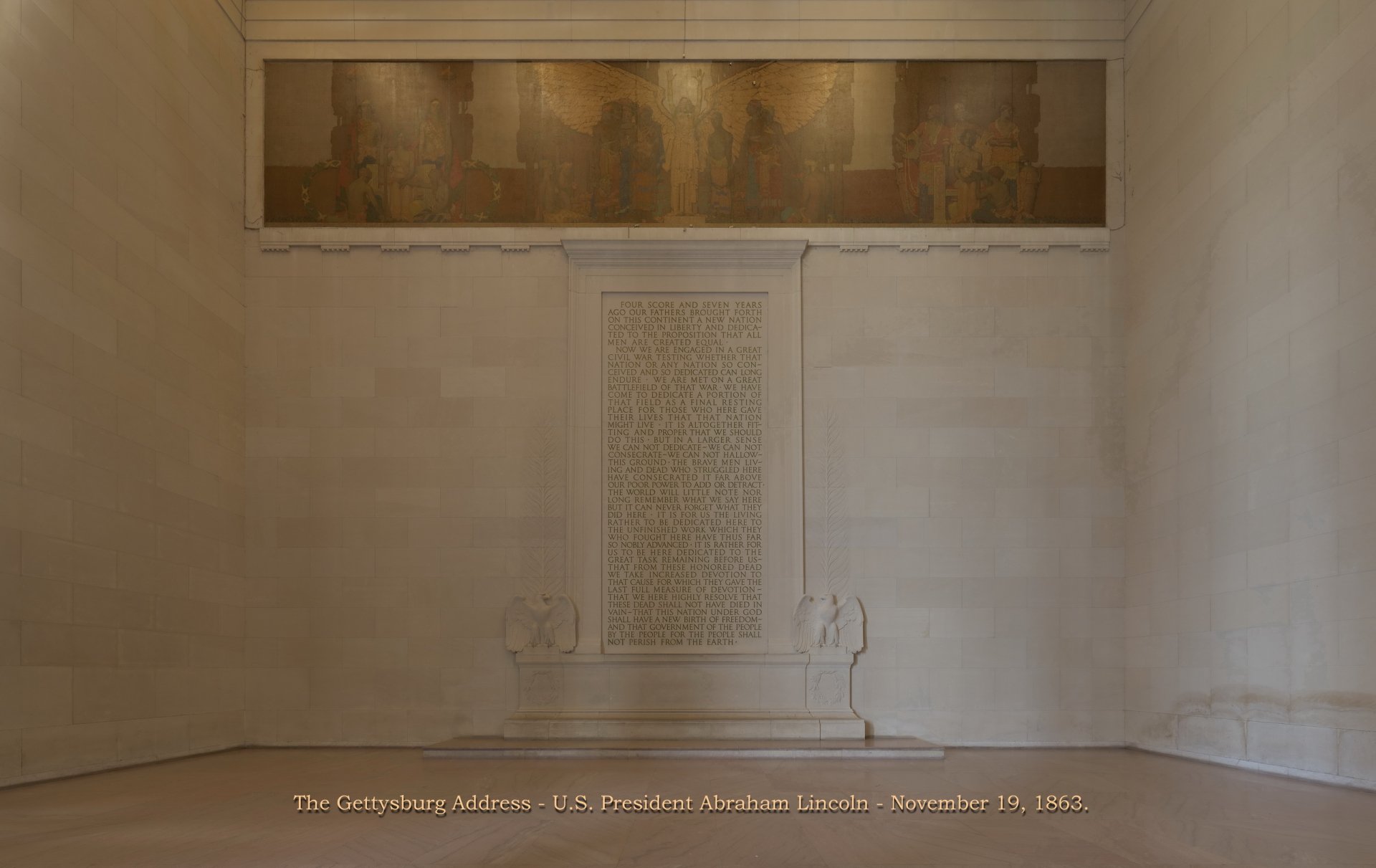 Photography, history — 2K Quad HD PC desktop wallpaper and background showing a pale stone historic hall with the carved Gettysburg Address inscription on the wall.