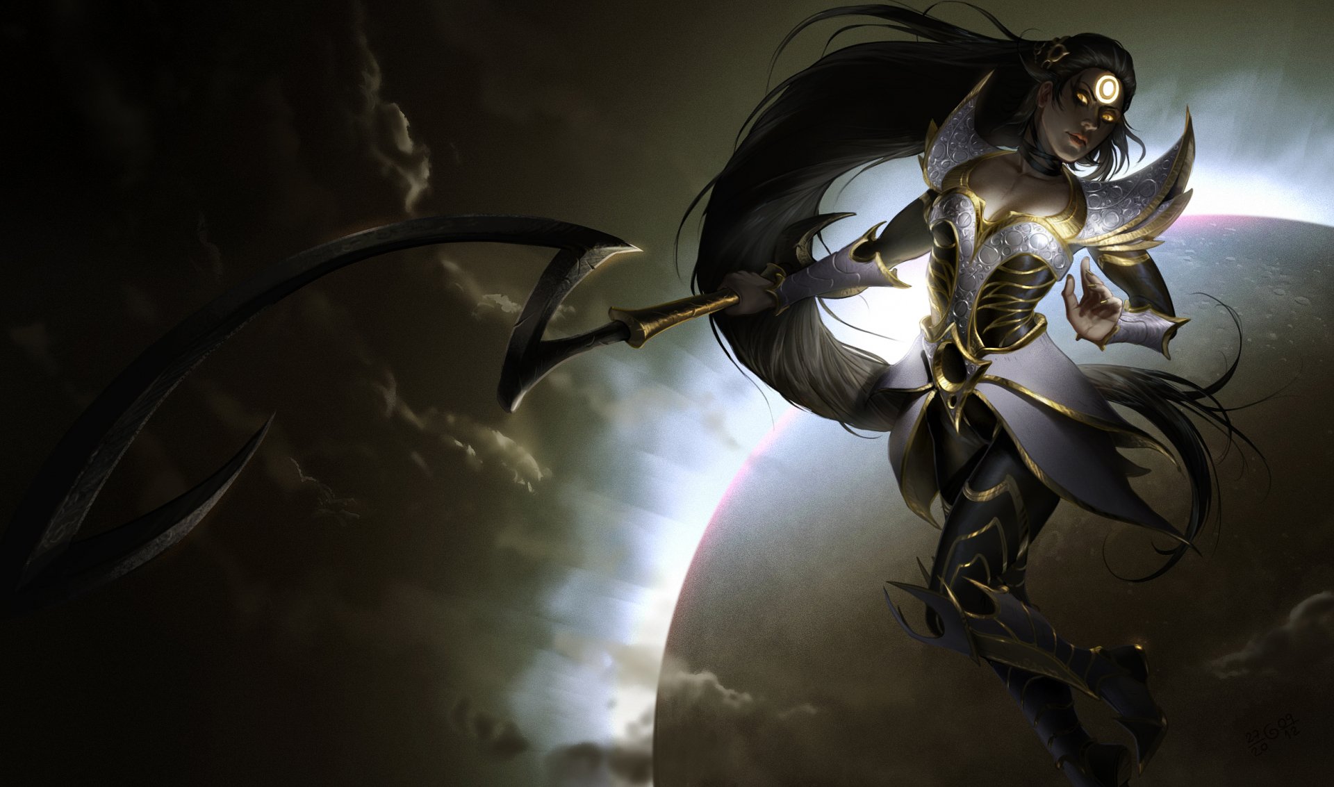 HD PC desktop wallpaper featuring Diana from League of Legends, depicted with glowing eyes and crescent blade against a dark, celestial background.