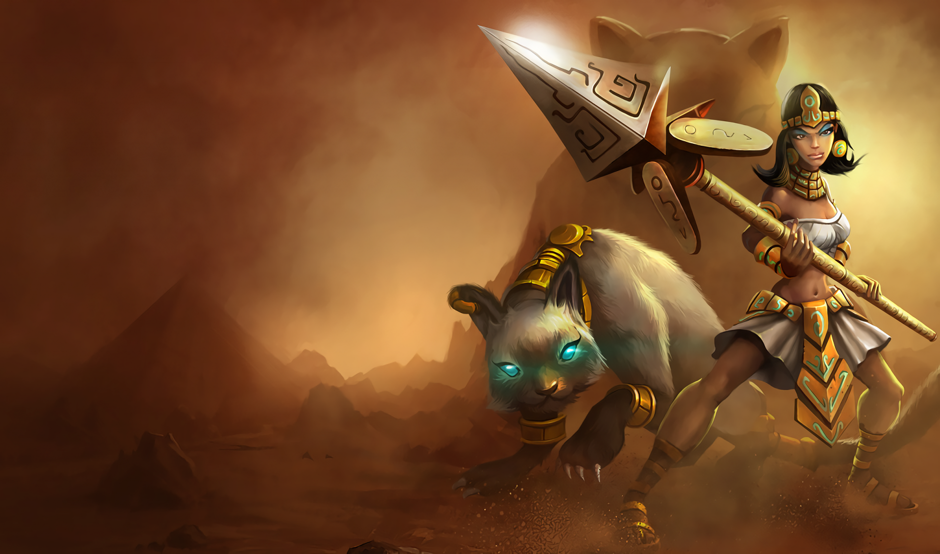 Nidalee (League of Legends) in Egyptian-style armor, spear raised beside a glowing-eyed white panther in a desert scene — HD PC desktop wallpaper and background, video game.