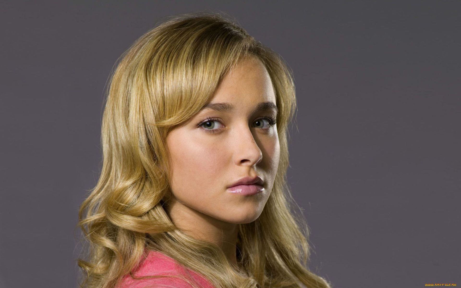 HD PC desktop wallpaper featuring celebrity Hayden Panettiere with blonde hair, wearing a pink top against a plain gray background.