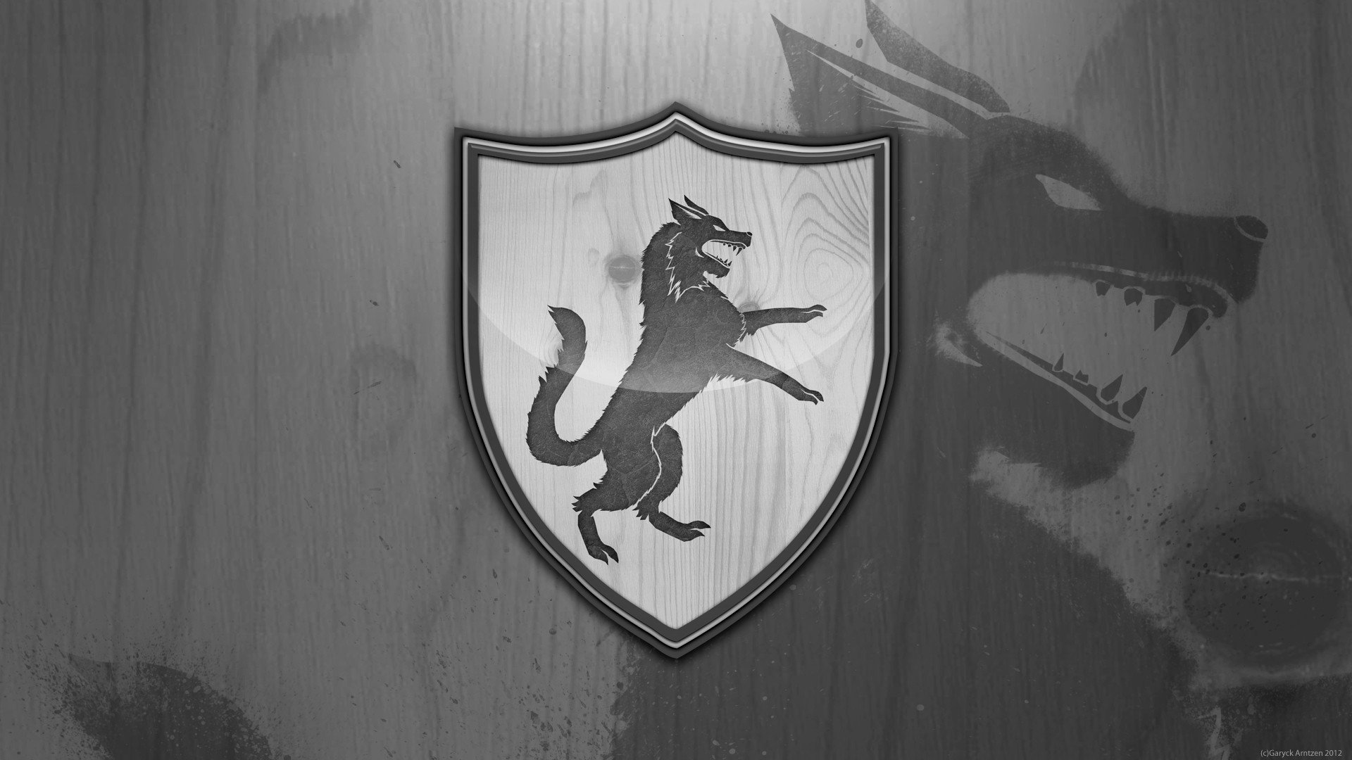 HD PC desktop wallpaper featuring the Game of Thrones house Stark sigil, a direwolf emblem on a wooden background with its shadow cast on the wall.