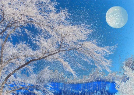 Artistic HD landscape wallpaper showing frosty white tree branches against a bright blue sky with a glowing full moon.