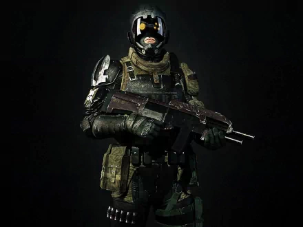 HD PC desktop wallpaper featuring a sci-fi warrior in futuristic armor holding a large weapon against a dark background.