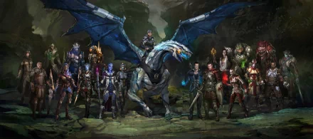 A richly detailed HD desktop wallpaper featuring characters from Mass Effect, showcasing an epic scene with a dragon and a diverse group of heroes in a fantasy setting.