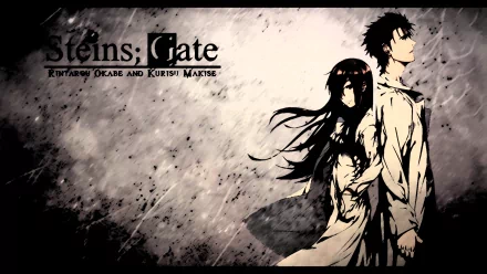 HD desktop wallpaper featuring Rintaro Okabe and Kurisu Makise from the anime Steins;Gate, with a dramatic, abstract background.