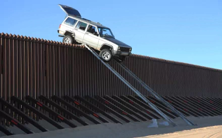 HD desktop wallpaper featuring a Jeep vehicle perched atop a border fence with clear blue sky in the background.