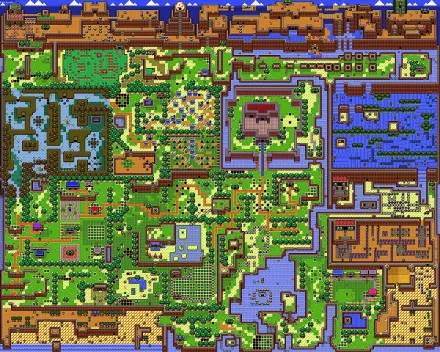 HD desktop wallpaper featuring a colorful, detailed map from the video game The Legend of Zelda: Link's Awakening, showcasing various terrain and landmarks.