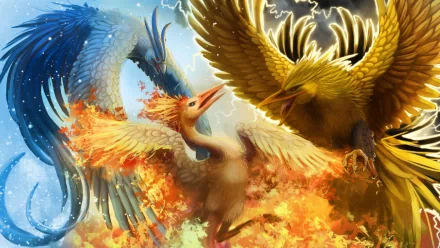 HD wallpaper featuring the legendary Pokémon Moltres, Zapdos, and Articuno amidst a dynamic battle scene from the Pokémon Anime series. The artwork highlights their fiery, electric, and icy powers.