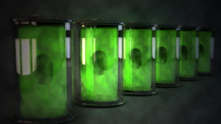 HD desktop wallpaper featuring green glowing cylinders with swirling mist, symbolizing themes of technology, physics, and chemistry.