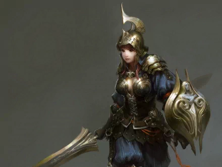 HD fantasy PC wallpaper featuring a woman warrior in detailed armor holding a large shield and weapon against a muted background.