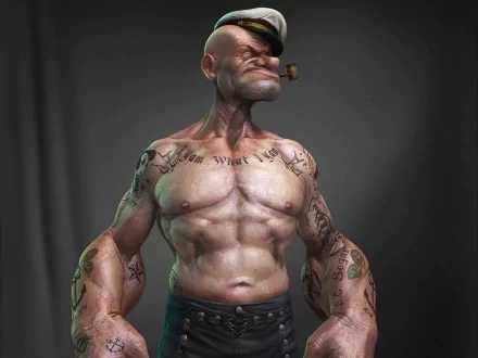 A dynamic HD desktop wallpaper featuring a muscular Popeye, showcasing his signature look with a pipe and tattoos, embodying strength and character from the iconic TV show.