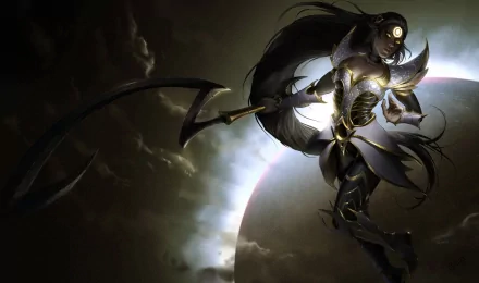 HD PC desktop wallpaper featuring Diana from League of Legends, depicted with glowing eyes and crescent blade against a dark, celestial background.