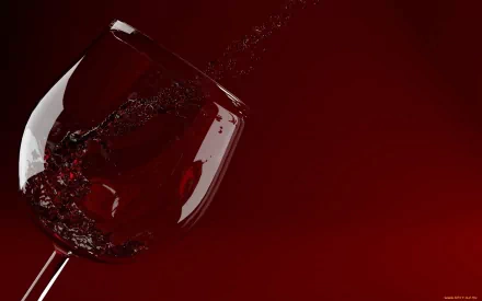 HD desktop wallpaper featuring red wine splashing inside a tilted glass against a deep red background, highlighting the elegance of food and wine.