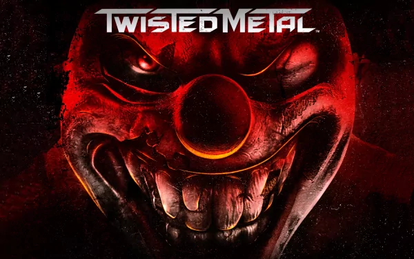 HD wallpaper featuring a sinister clown from the video game Twisted Metal, showcasing a menacing grin and an intense red backdrop.