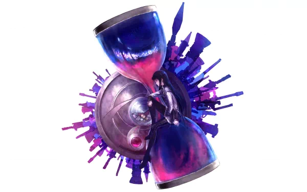 4K Ultra HD anime wallpaper featuring Homura Akemi from Puella Magi Madoka Magica with a vibrant hourglass and cityscape background.