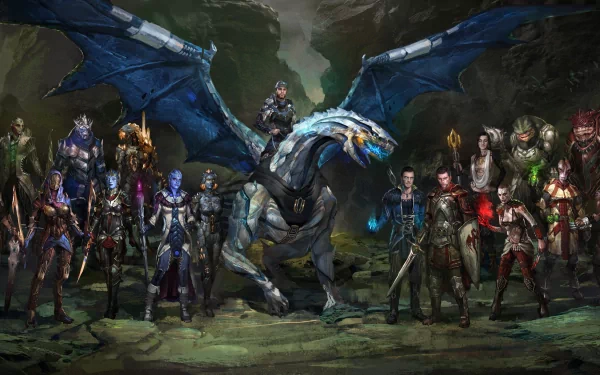 A richly detailed HD desktop wallpaper featuring characters from Mass Effect, showcasing an epic scene with a dragon and a diverse group of heroes in a fantasy setting.