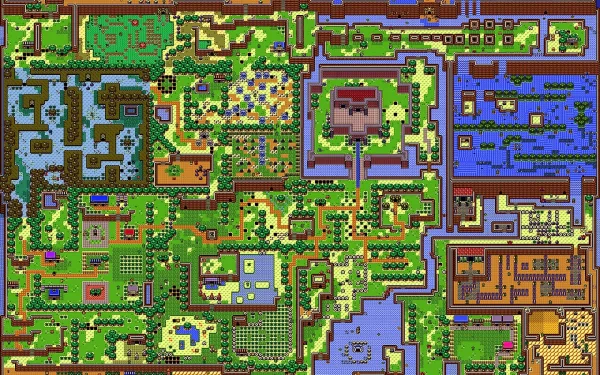 HD desktop wallpaper featuring a colorful, detailed map from the video game The Legend of Zelda: Link's Awakening, showcasing various terrain and landmarks.
