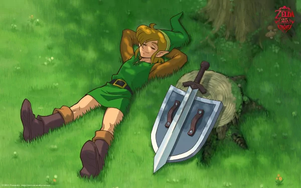Link, from *The Legend of Zelda: A Link to the Past*, relaxes under a tree, his pointed ears visible beside his sword and shield in this vibrant HD wallpaper.