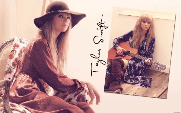 HD desktop wallpaper featuring Taylor Swift, with one image showing her in a hat and floral dress seated on a vintage chair, and another of her playing an acoustic guitar on the floor.