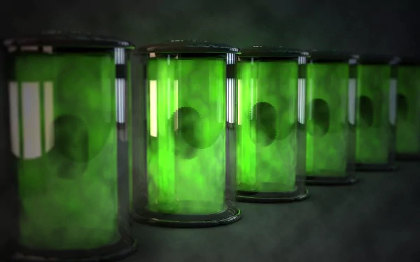 HD desktop wallpaper featuring green glowing cylinders with swirling mist, symbolizing themes of technology, physics, and chemistry.