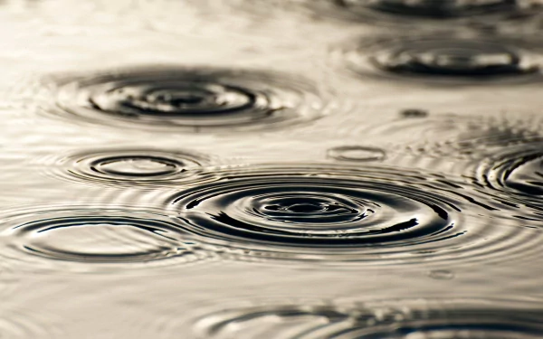 A close-up capture of raindrops creating ripples on a water surface, showcasing the beauty of rain. This high-definition photography serves as a tranquil desktop wallpaper.