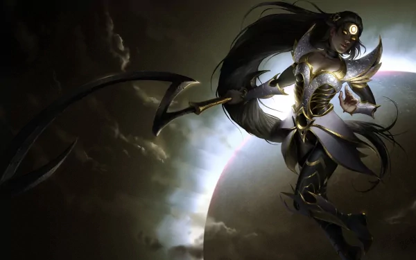 HD PC desktop wallpaper featuring Diana from League of Legends, depicted with glowing eyes and crescent blade against a dark, celestial background.