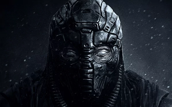 HD PC desktop wallpaper features a dark, menacing warrior wearing an intricate, textured mask with a shadowy, stormy background.