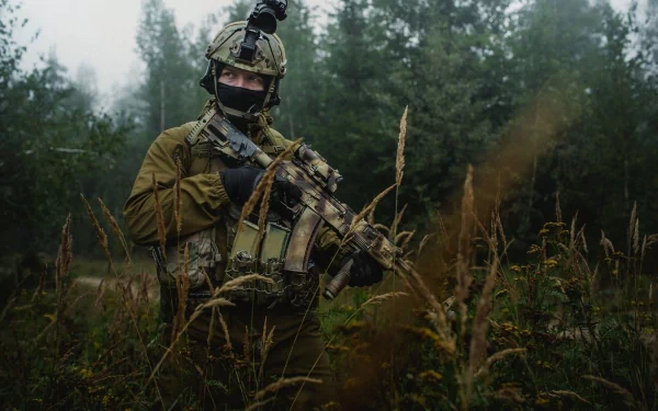 A soldier in tactical gear stands in a misty forest, gripping a weapon and surrounded by tall grasses. This HD image captures a powerful military presence.