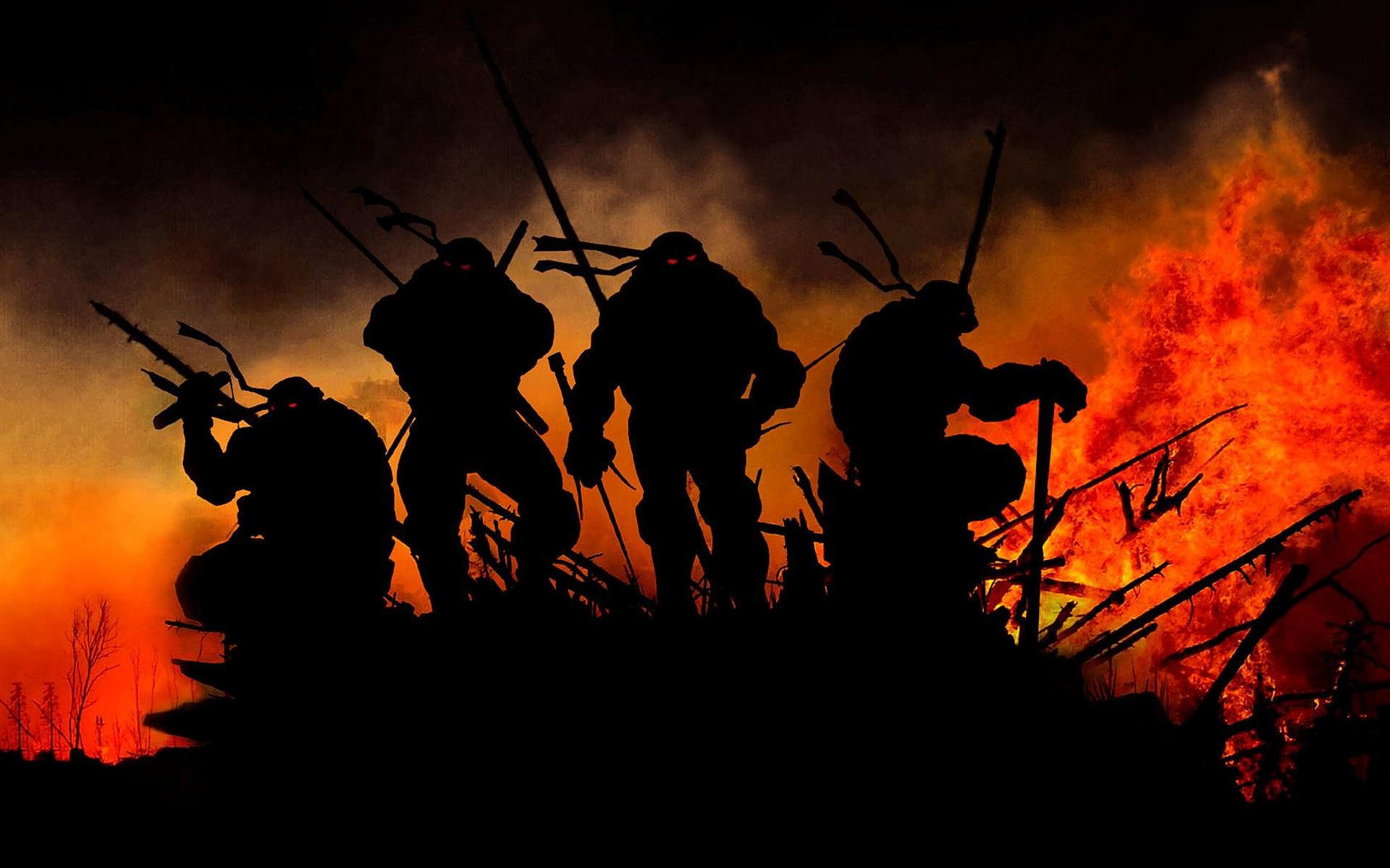 Silhouetted Teenage Mutant Ninja Turtles stand ready amidst fiery chaos in a dramatic 4K Ultra HD comic-style desktop wallpaper.
