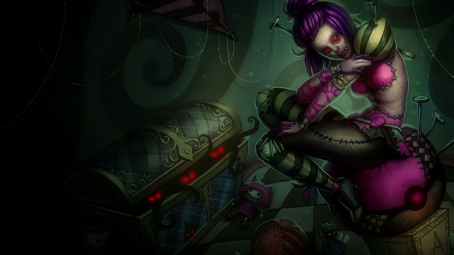 HD PC desktop wallpaper featuring Orianna from the video game League of Legends in a dark, eerie setting with glowing red eyes on a mechanical chest.