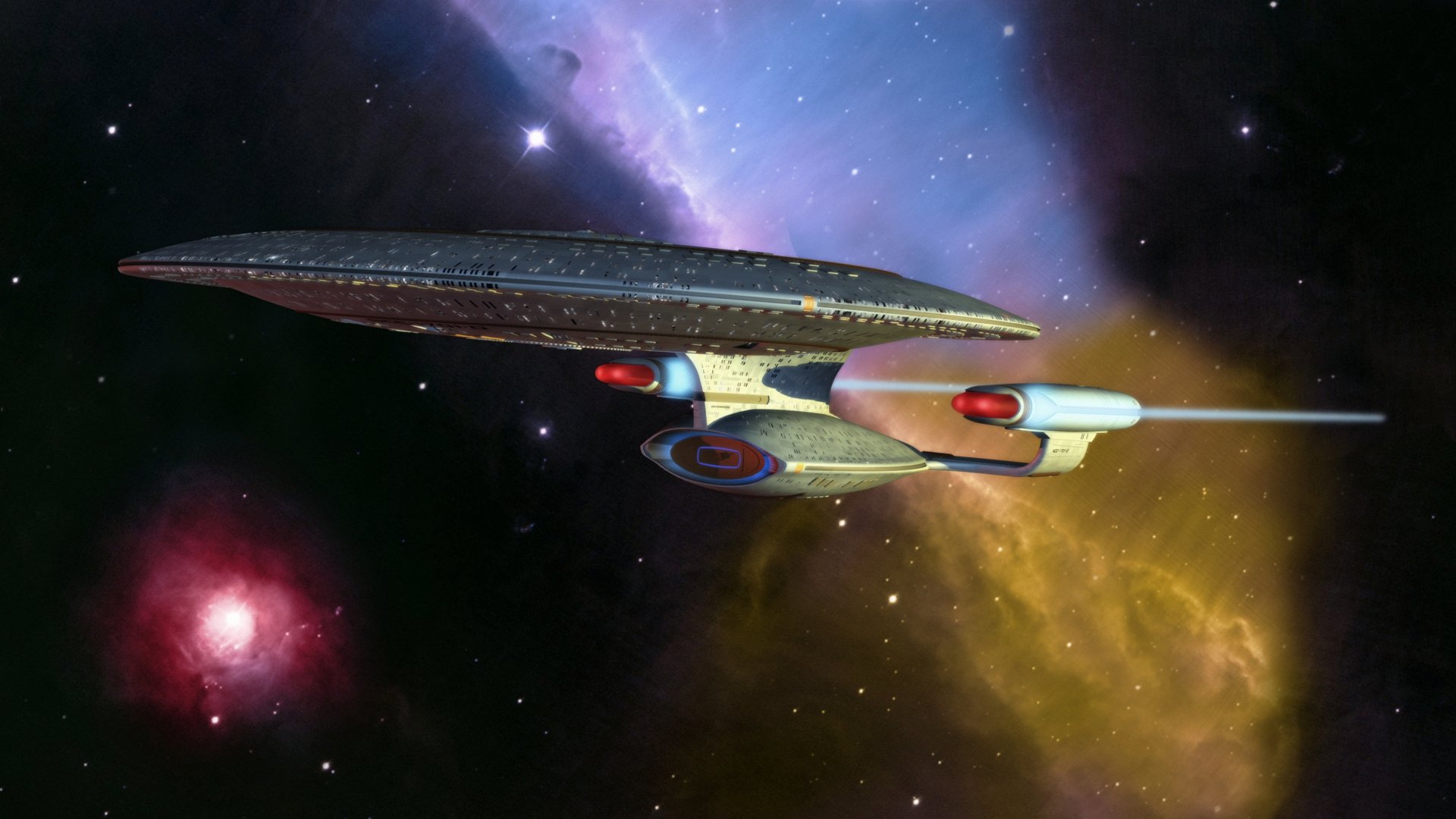 4K Ultra HD Star Trek spaceship cruising through a vibrant cosmic nebula, showcasing iconic sci-fi design against a colorful space backdrop.