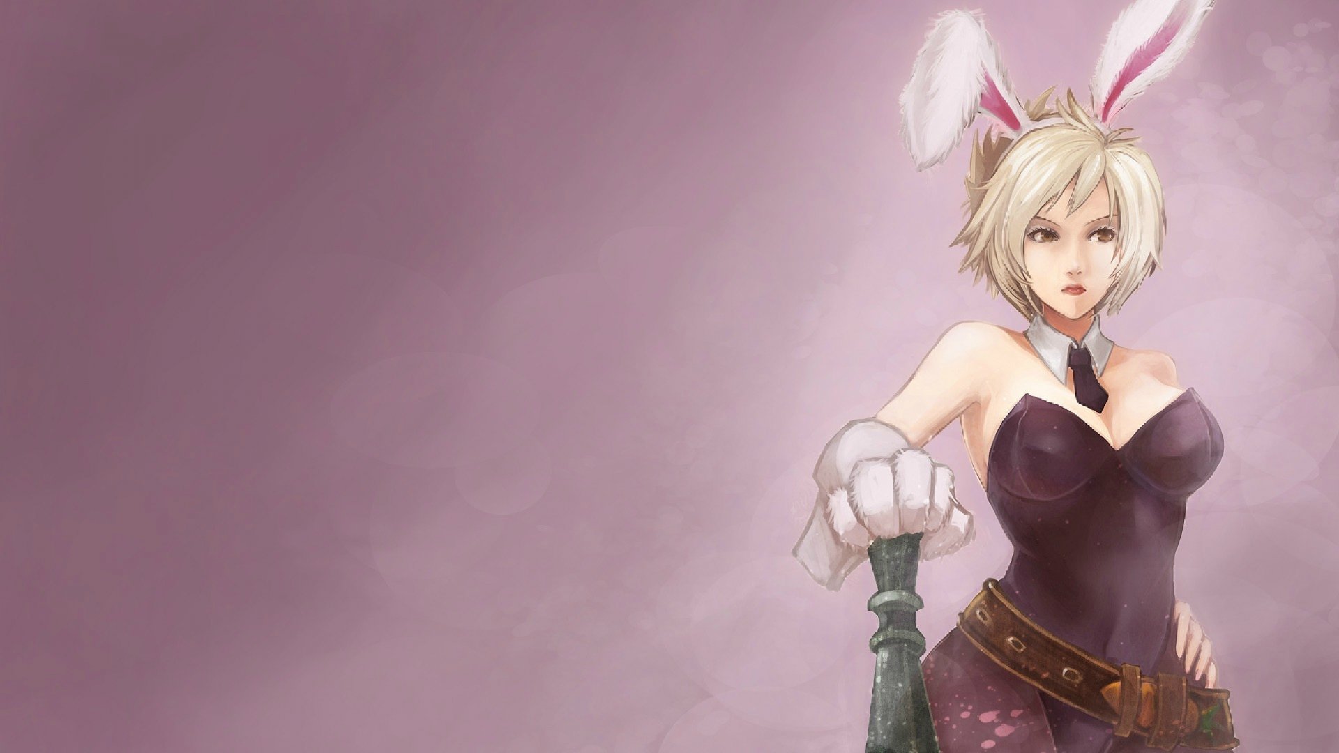 HD PC desktop wallpaper featuring Riven from the video game League of Legends in a bunny costume with a soft pink background.