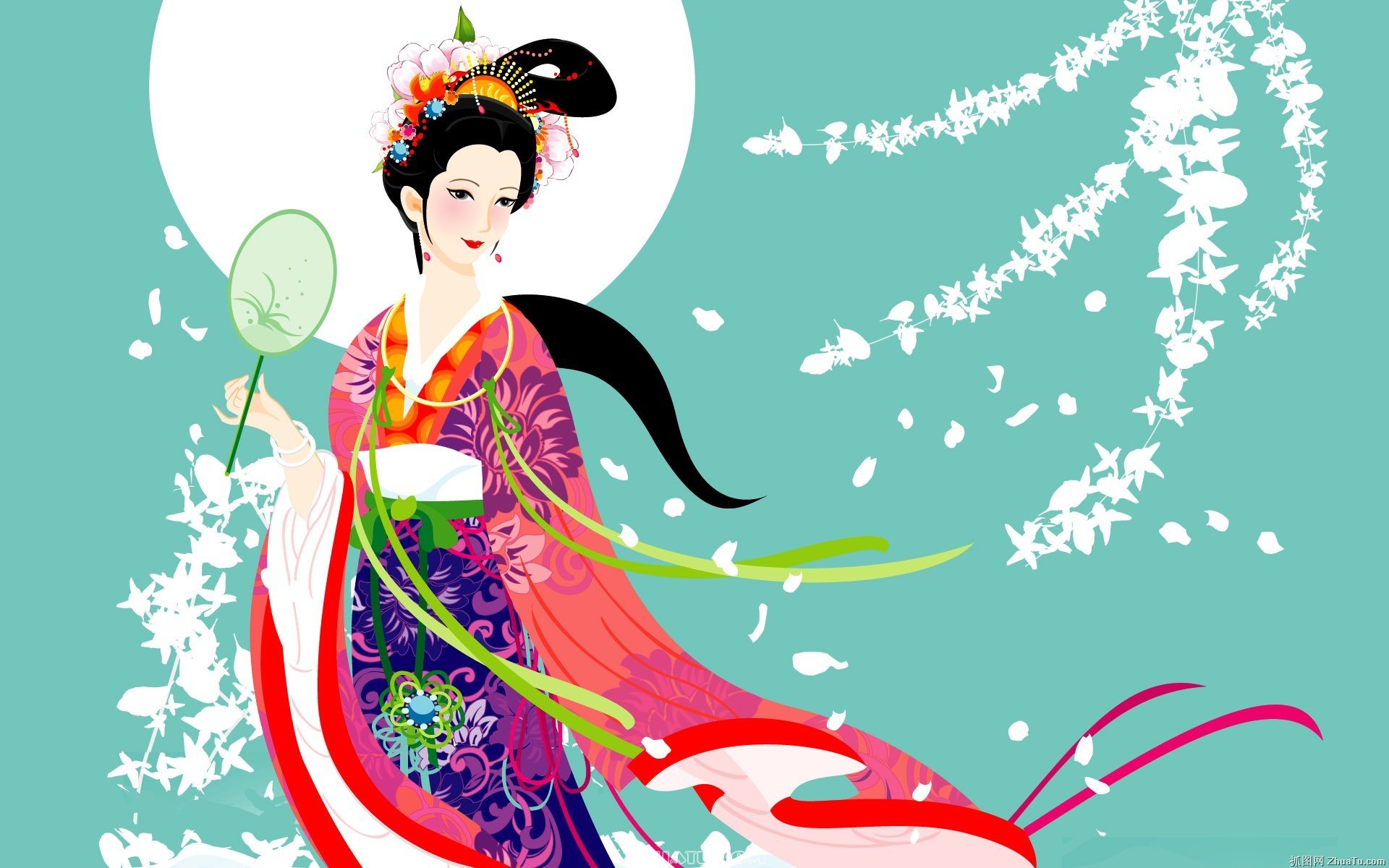 Colorful, artistic oriental HD wallpaper featuring a traditionally dressed woman with floral patterns, holding a fan against a turquoise background with white butterflies.