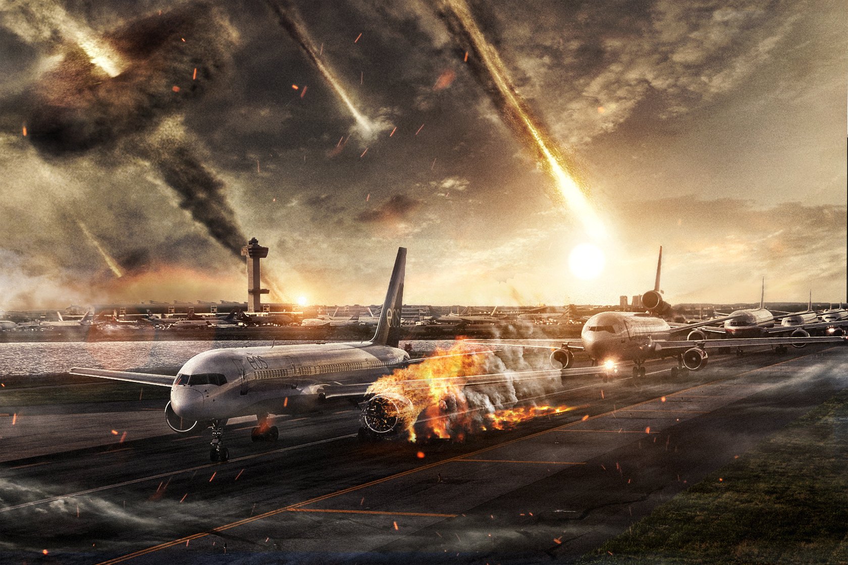 A dramatic HD wallpaper from a 2012 movie, featuring an airport scene with planes amidst explosions and meteors against a stormy sky.