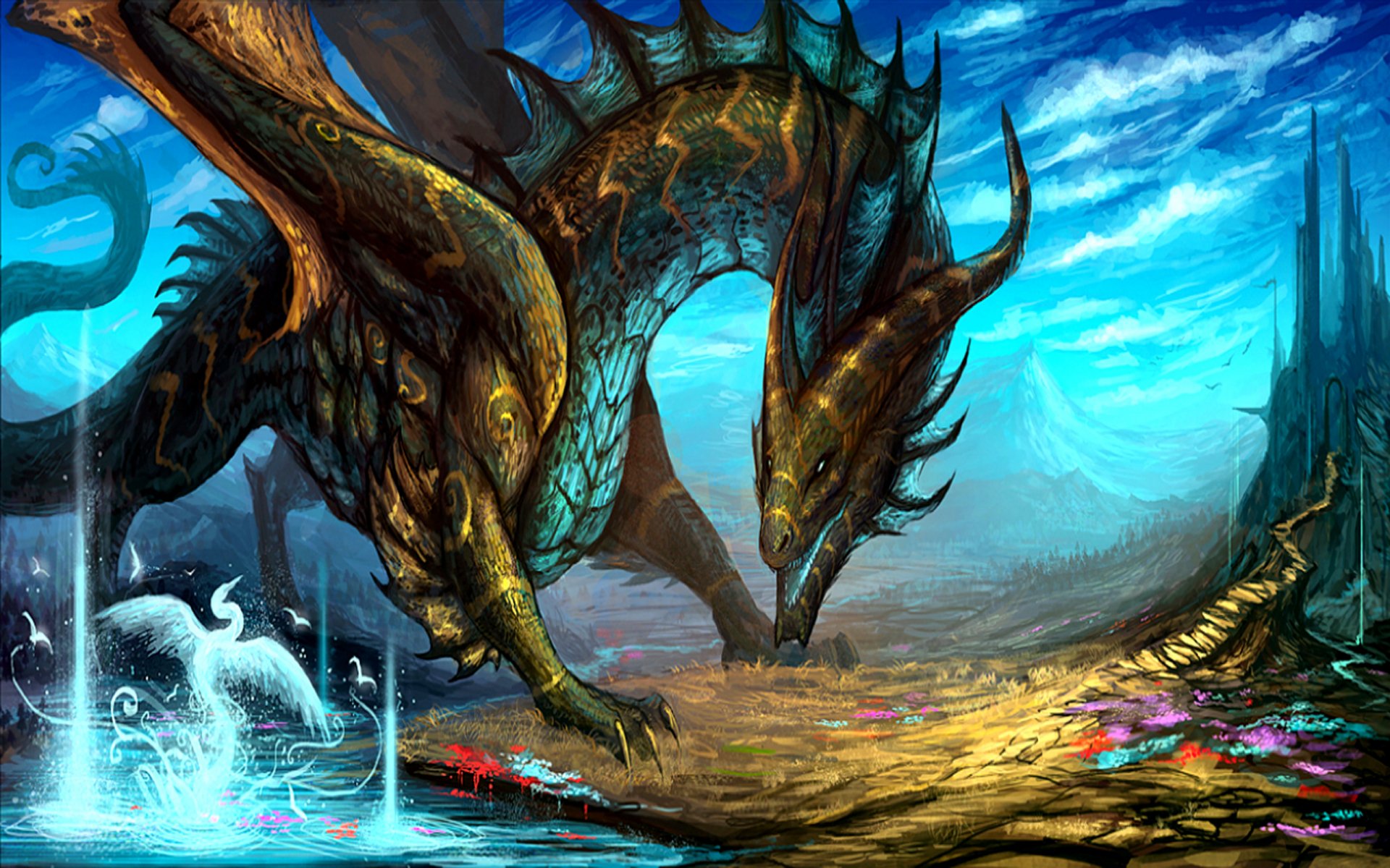 HD fantasy PC desktop wallpaper featuring a majestic dragon with intricate scales set against a dramatic, otherworldly landscape under a vibrant sky.