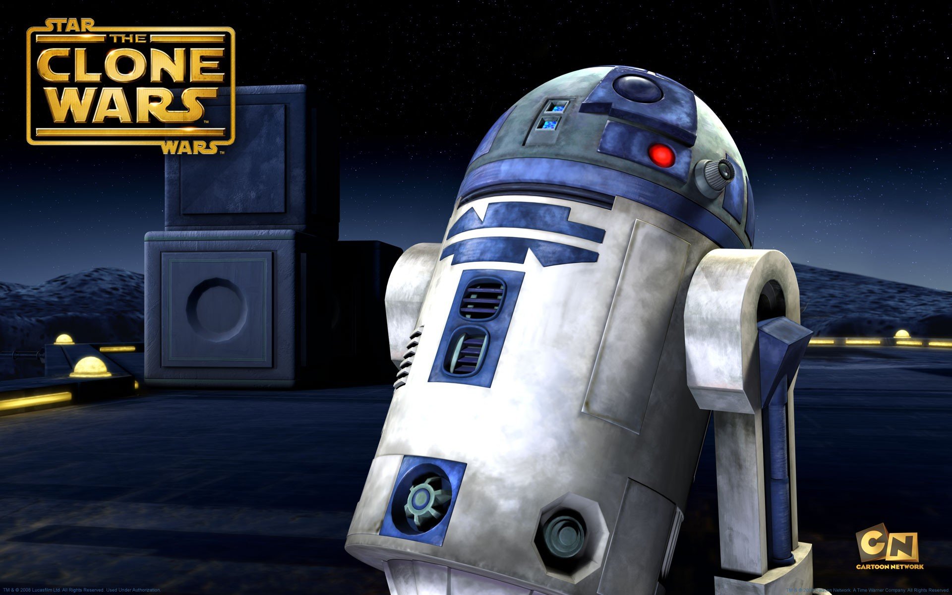 HD desktop wallpaper featuring the cartoon robot R2-D2 from the Star Wars TV show Star Wars: The Clone Wars (2008).