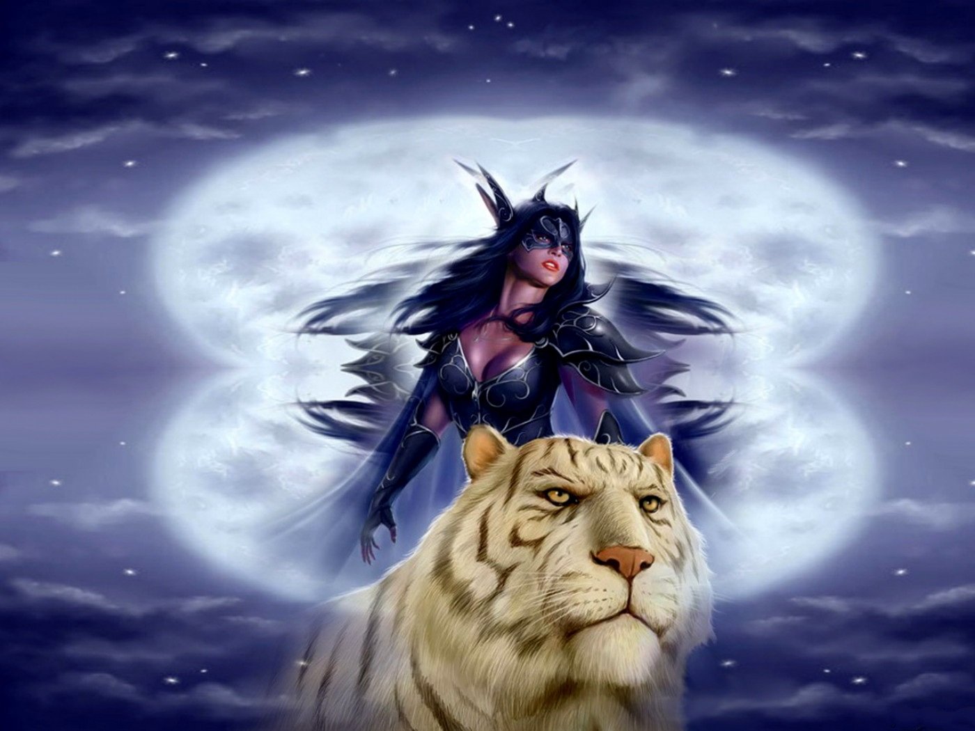 A fantasy-inspired HD wallpaper featuring a woman in dark attire standing confidently with a majestic white tiger against a mystical moonlit backdrop.