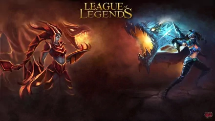 HD League of Legends wallpaper featuring Vayne facing Shyvana, both in dynamic battle stances with fiery and icy elemental effects.
