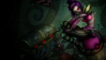 HD PC desktop wallpaper featuring Orianna from the video game League of Legends in a dark, eerie setting with glowing red eyes on a mechanical chest.