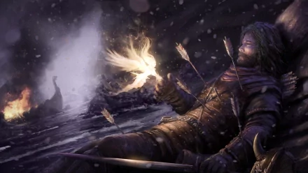 A fantasy warrior is lying in battle, arrows piercing his armor, as a mystical light shines through the stormy, snow-filled night. This HD wallpaper captures a moment of epic struggle and resolve.