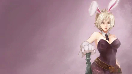 HD PC desktop wallpaper featuring Riven from the video game League of Legends in a bunny costume with a soft pink background.
