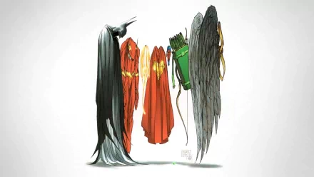HD PC desktop wallpaper featuring stylized silhouettes of Batman, Flash, Superman, Green Arrow, Hawkman, Atom, and Wonder Woman with the Lasso of Truth, inspired by Identity Crisis.