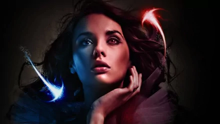 An artistic 3D depiction of a woman with curly hair, resting her hand on her face, enhanced by vibrant blue and red accents against a dark background. HD PC desktop wallpaper.