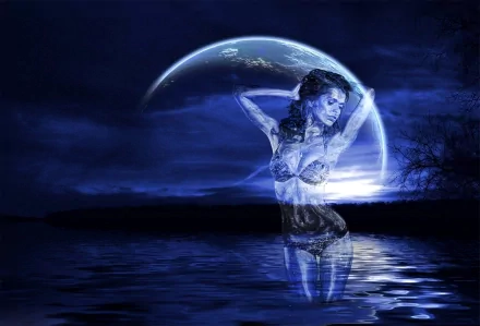 A stunning HD desktop wallpaper featuring a 3D art image of a woman emerging from water. Bathed in purple hues, her reflection shimmers, set against a dark, mystical background with a glowing night sky.
