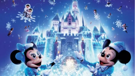 HD desktop wallpaper featuring Minnie Mouse and Mickey Mouse in front of a snow-covered castle at Disneyland, with snowflakes and Disney characters floating around.