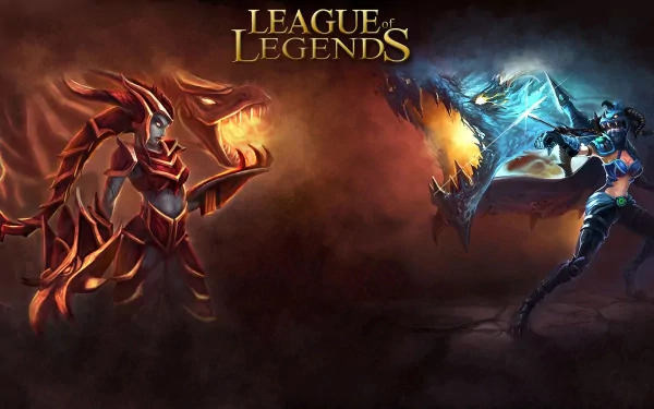 HD League of Legends wallpaper featuring Vayne facing Shyvana, both in dynamic battle stances with fiery and icy elemental effects.